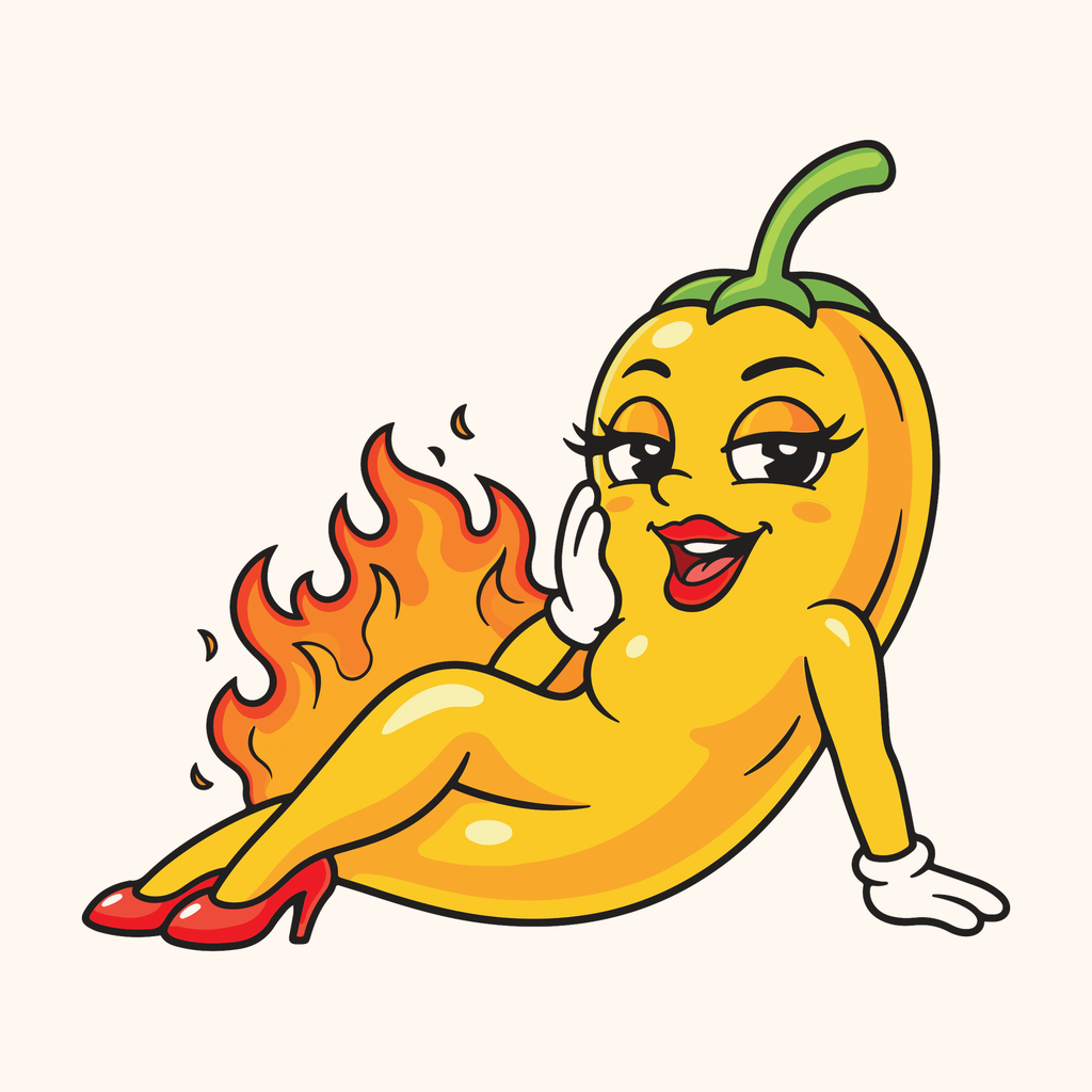 Madame Jeanette mascot — a glamorous yellow Madame Jeanette chile in red heels reclining beside flames
