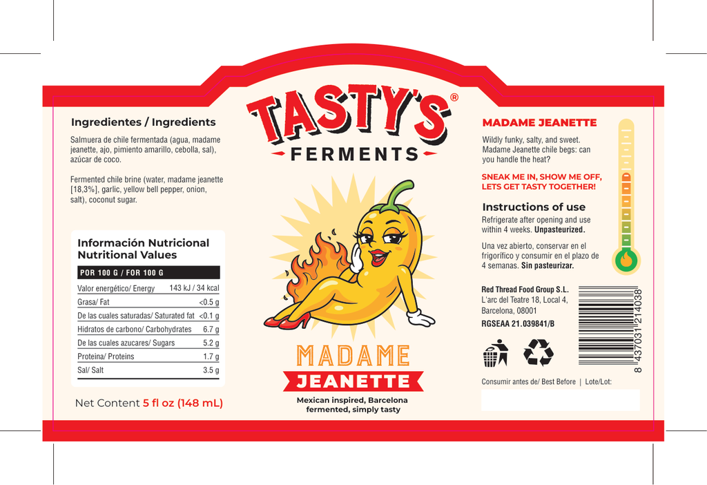 Madame Jeanette fermented hot sauce label with full ingredients and nutrition information per 100 g