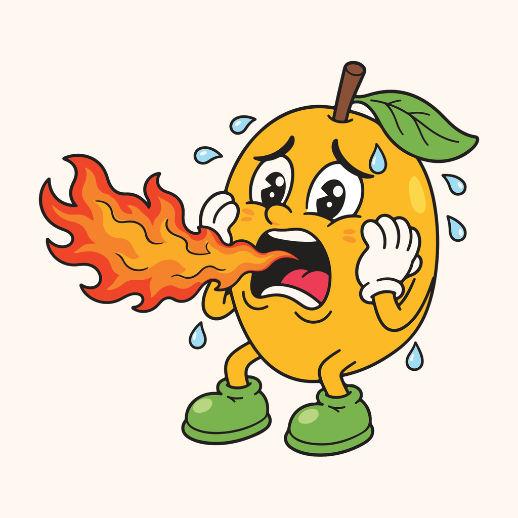 Mango Meltdown mascot — a sweating mango breathing fire after tasting Carolina Reaper hot sauce