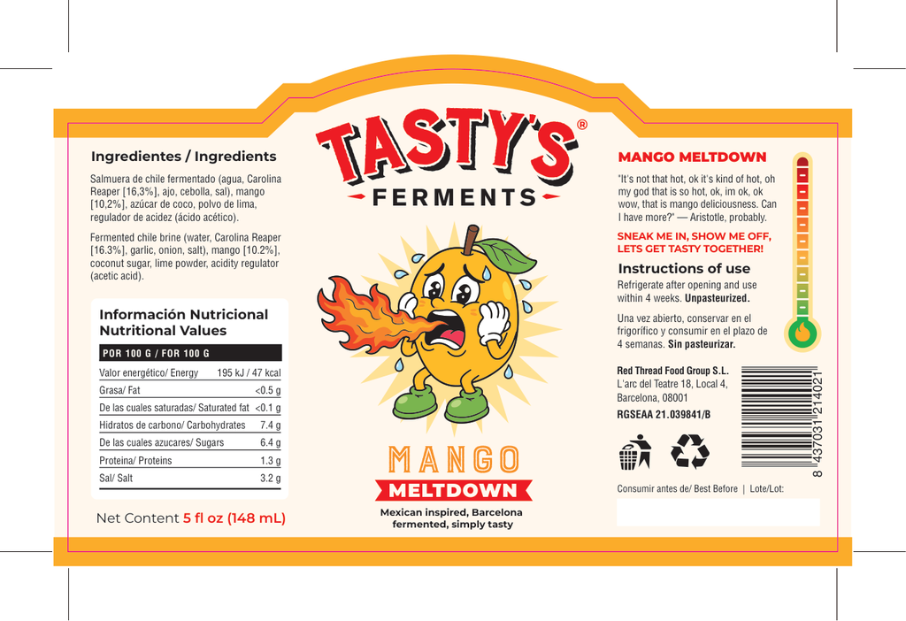 Mango Meltdown fermented hot sauce label with full ingredients and nutrition information per 100 g