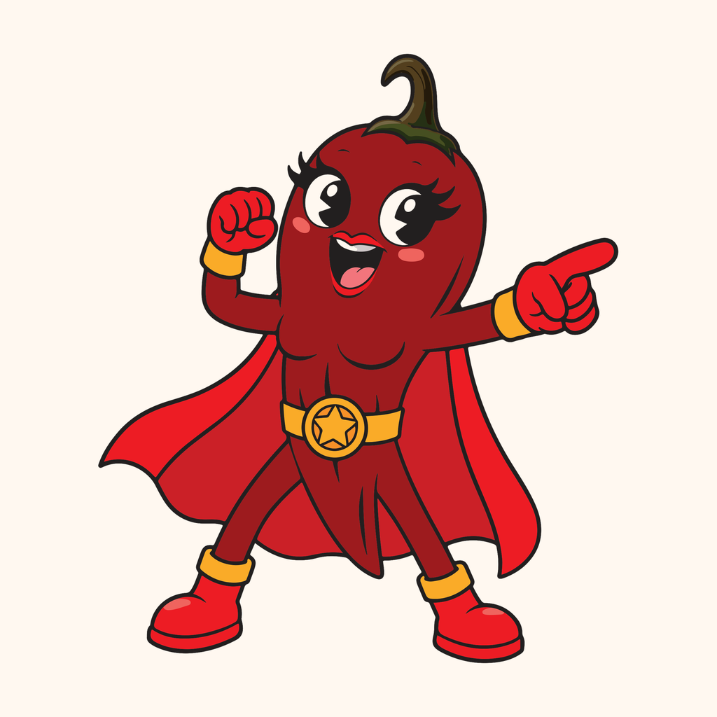 Mighty Morita mascot — a superhero morita chile in a red cape and gold star belt
