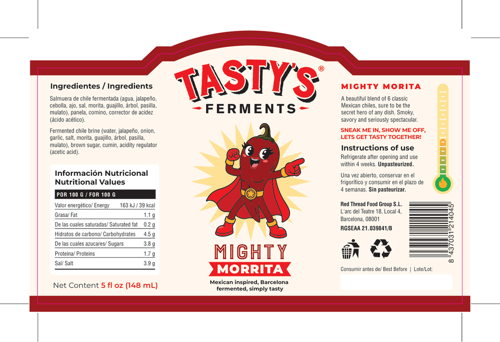 Mighty Morita fermented hot sauce label with full ingredients and nutrition information per 100 g