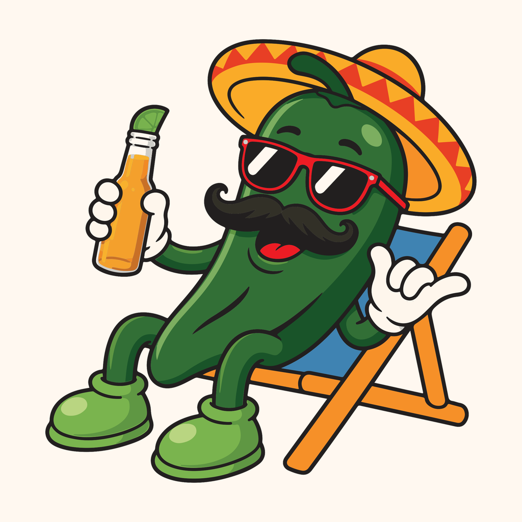 Poblano & Chill mascot — a chilled-out poblano chile in sunglasses and sombrero lounging in a beach chair with a bottle of fermented hot sauce