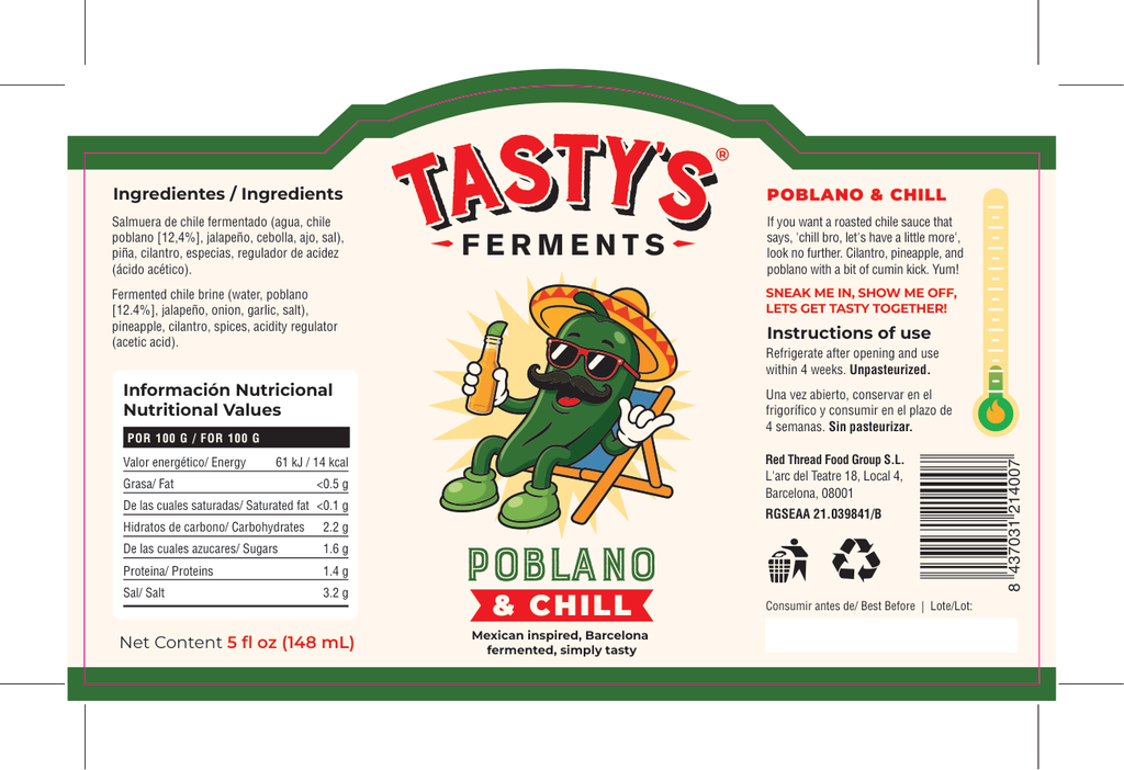 Poblano & Chill fermented hot sauce label with full ingredients and nutrition information per 100 g